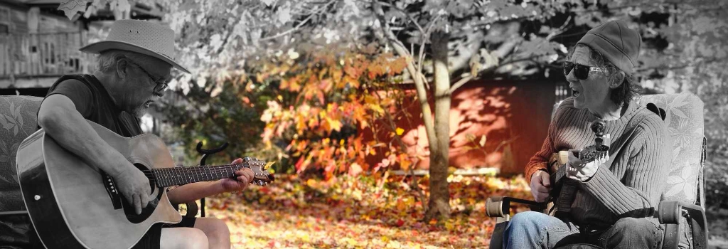 Color and black and white picture of musicians Ralph Hamilton and Chris Browne playing guitar and mandolin in the back yard in the fall of the year